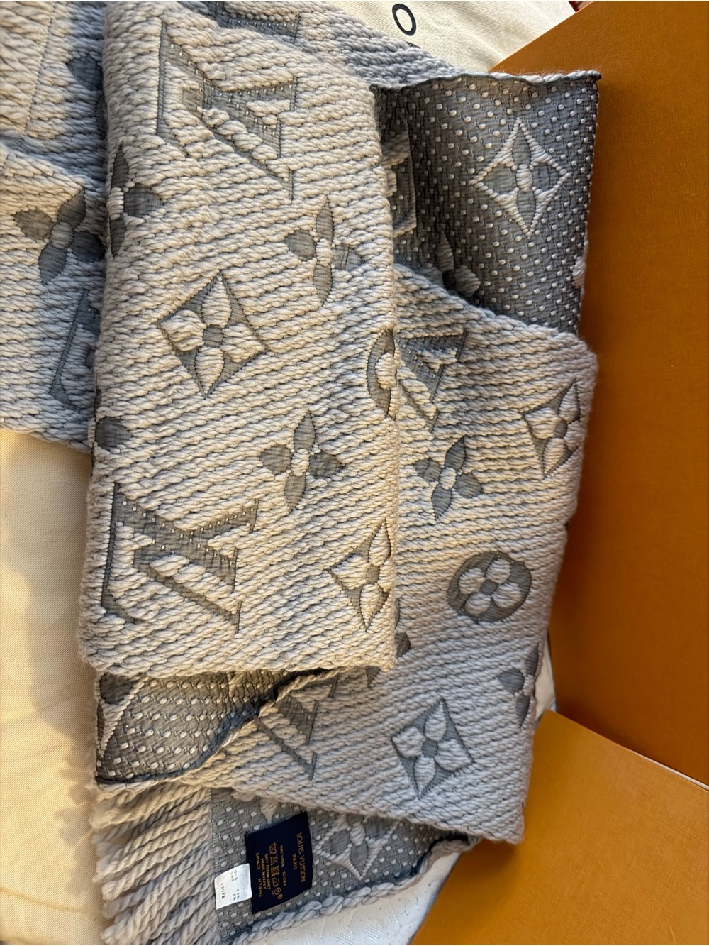 Louis Vuitton Light Gray Monogram Textured Scarf